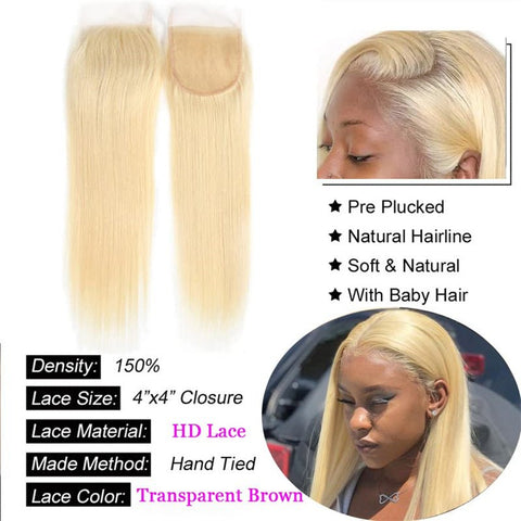 Lemoda 613 Blonde Lace Closure Straight Human Hair 4x4 HD Lace Closure Pre Plucked - Lemoda Hair