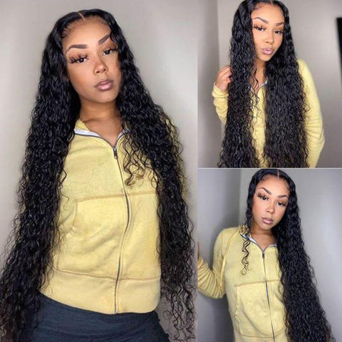 Lemoda Brazilian Virgin Human Hair 4x4 Lace Closure Wig Human Hair Natural Black Water Wave Pre-pulcked Baby Hair