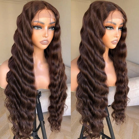 Lemoda Chocolate Brown 13x4 Loose Deep Wave Lace Front Wigs Pre Plucked Natural Hairline Transparent Lace Wig - Lemoda Hair