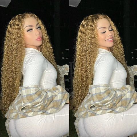 Lemoda Honey Blonde Curly Wig 13x6 Transparent Lace Front Human Hair Wigs Pre Plucked 180%/250% Density - Lemoda Hair