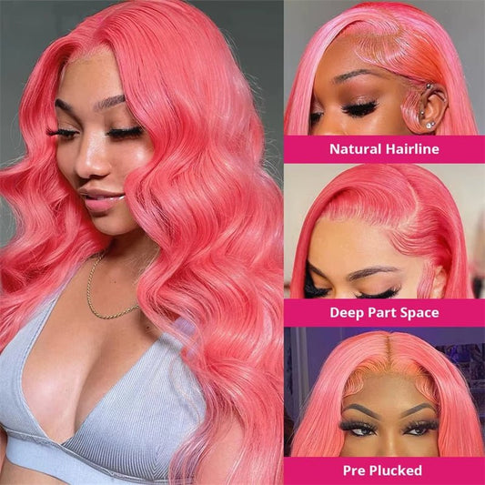 Lemoda Hot Pink 13x4 Lace Frontal Wigs HD Transparent Body Wave 13x6 Lace Front Human Hair Colored Wigs - Lemoda Hair