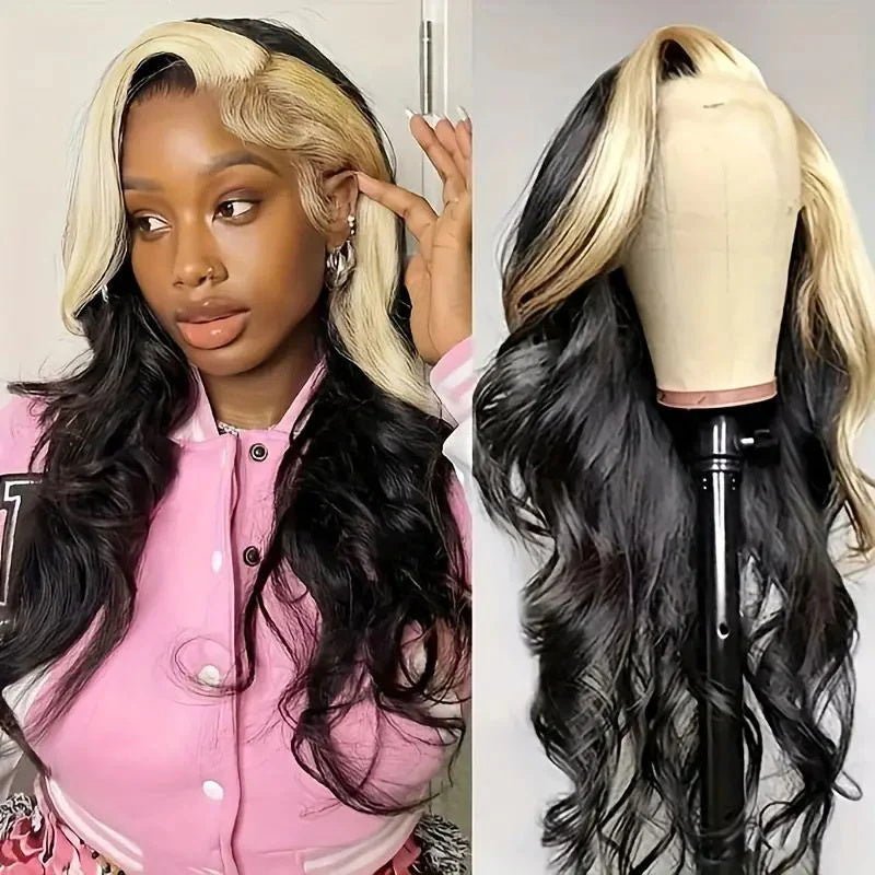 Lemoda Skunk Stripe Natural Black with 613 Blonde Body Wave 13x4 Transparent Lace Front Wig 180% Density - Lemoda Hair