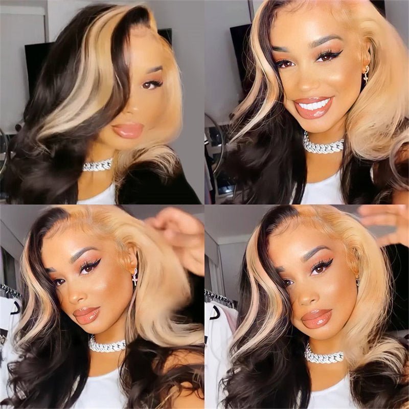 Lemoda Skunk Stripe Natural Black with 613 Blonde Body Wave 13x4 Transparent Lace Front Wig 180% Density - Lemoda Hair