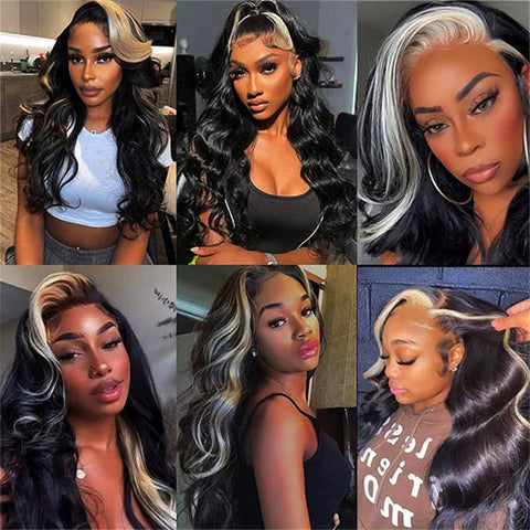 Lemoda Skunk Stripe Natural Black with 613 Blonde Body Wave 13x4 Transparent Lace Front Wig 180% Density - Lemoda Hair