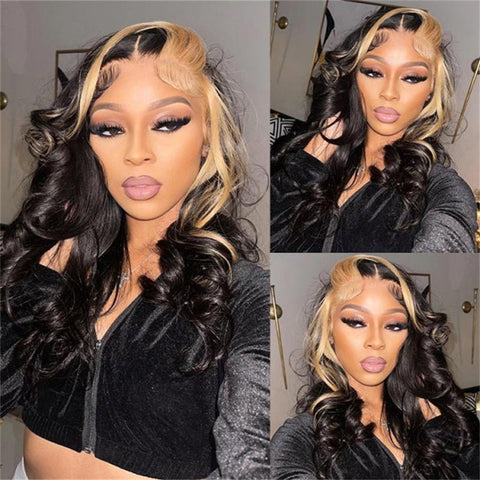 Lemoda Skunk Stripe Natural Black with 613 Blonde Body Wave 13x4 Transparent Lace Front Wig 180% Density - Lemoda Hair