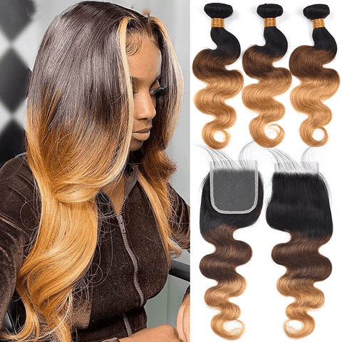 Ombre 1b/4/27 Body Wave 3 Bundles with 4x4 lace Closure Human Hair - Lemoda Hair