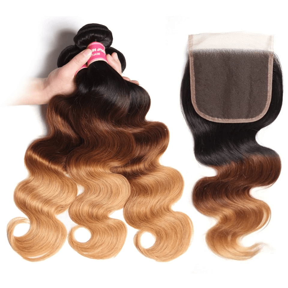 Ombre 1b/4/27 Body Wave 3 Bundles with 4x4 lace Closure Human Hair - Lemoda Hair