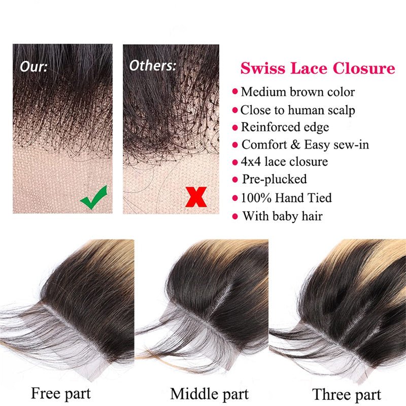 Ombre Closure Pre Plucked 4x4 Closure 1b/27 Body Wave 100% Virgin Human Hair - Lemoda Hair