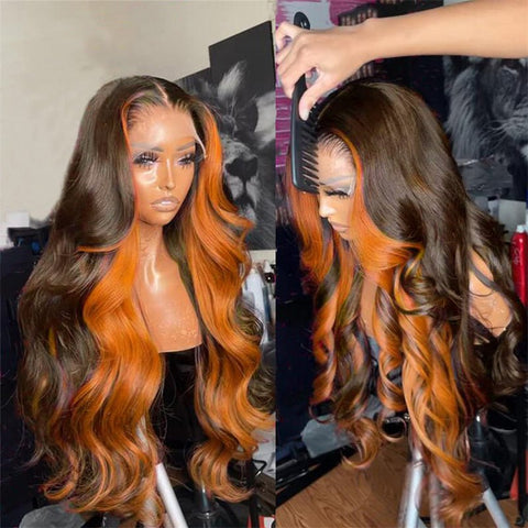 Orange Ginger Skunk Stripe 6x6 Lace Closure Wigs Human Hair Highlights Body Wave Pre Plucked Transparent Lace Front Wig