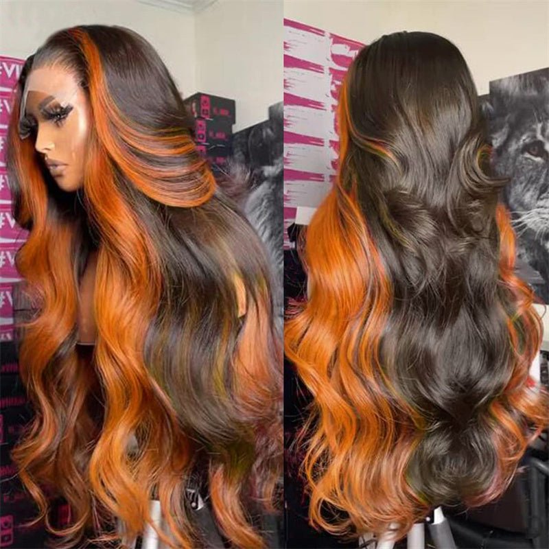 Orange Ginger Skunk Stripe 6x6 Lace Closure Wigs Human Hair Highlights Body Wave Pre Plucked Transparent Lace Front Wig