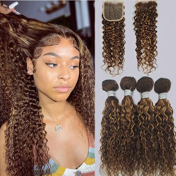 P4/30 Highlight Water Wave 4 Bundles With 4X4 Lace Closure Virgin Human Hair - Lemoda Hair