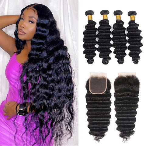 Peruvian Human Hair Virgin Loose Deep Wave 4 Bundles With 4x4 Lace Closure - Lemoda Hair