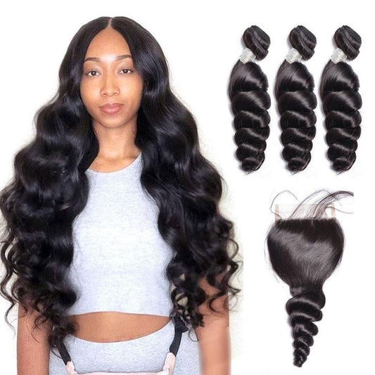 Peruvian Loose Wave Virgin Human Hair 3 Bundles With 4x4 Lace Closure - Lemoda Hair