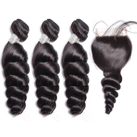 Peruvian Loose Wave Virgin Human Hair 3 Bundles With 4x4 Lace Closure - Lemoda Hair