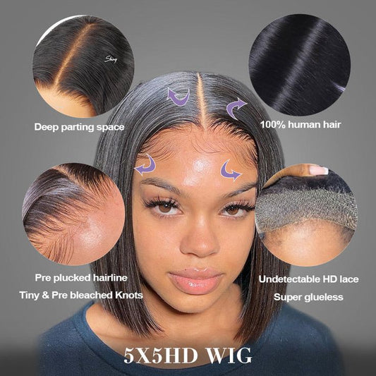 Ready to Go Glueless Wig 5x5 Transparent Lace Closure Beginner Friendly Short Straight Bob Wig - Lemoda Hair