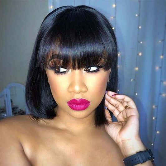 Short Bob Cut Human Hair Wigs With Bangs Pre plucked Brazilian Remy Straight Machine Made Wig - Lemoda Hair