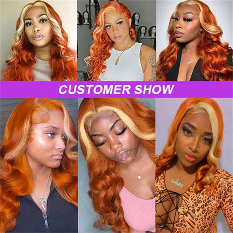 Skunk Stripe Ginger Orange Wigs With 613 Blonde Highlights Pre Plucked Body Wave Wigs 13x4 Transparent Lace Front Wigs