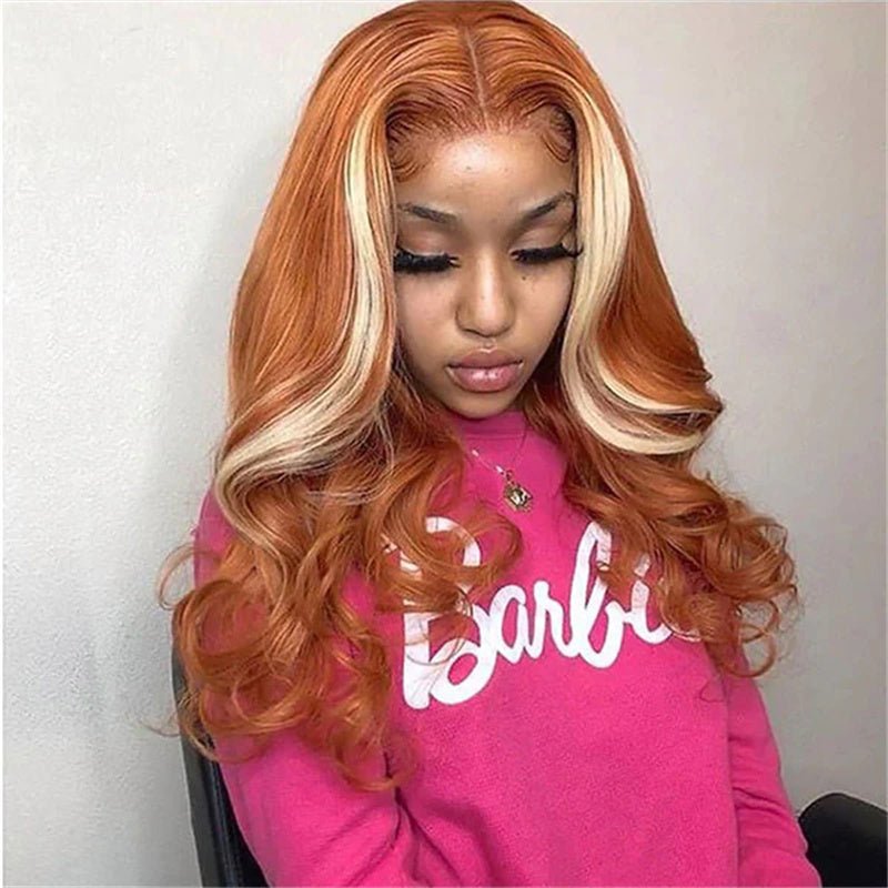 Skunk Stripe Ginger Orange With 613 Blonde Highlights Body Wave Human Hair 3 Bundles with 4x4 Closure 613 Blonde Lace Closure