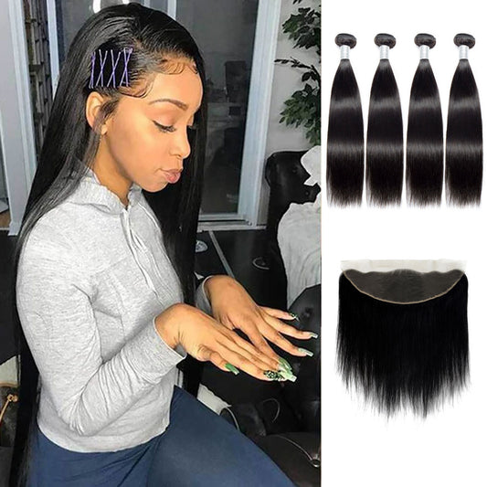 Indian 100% Virgin Human Hair 4pcs/pack Straight Hair Bundles With 13*4 Lace Frontal