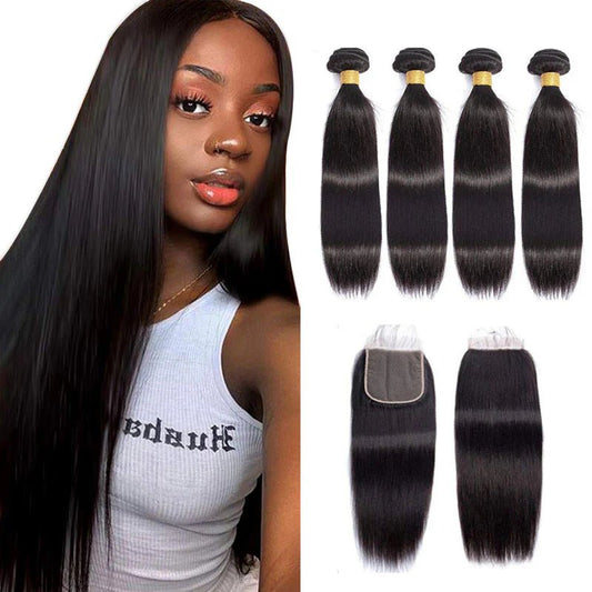 Straight Hair 4 Bundles with 4x4 Lace Closure 100% Human Hair - Lemoda Hair