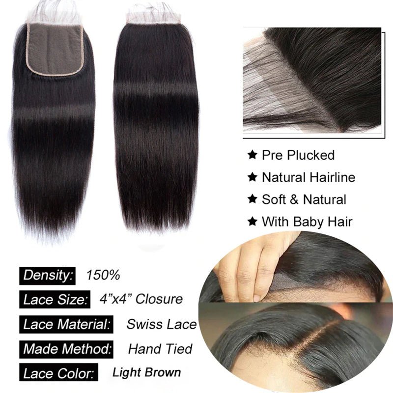 Straight Hair 4 Bundles with 4x4 Lace Closure 100% Human Hair - Lemoda Hair