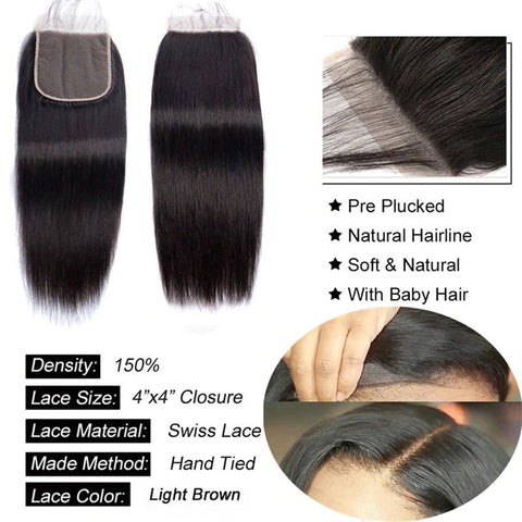 Straight Hair 4 Bundles with 4x4 Lace Closure 100% Human Hair - Lemoda Hair