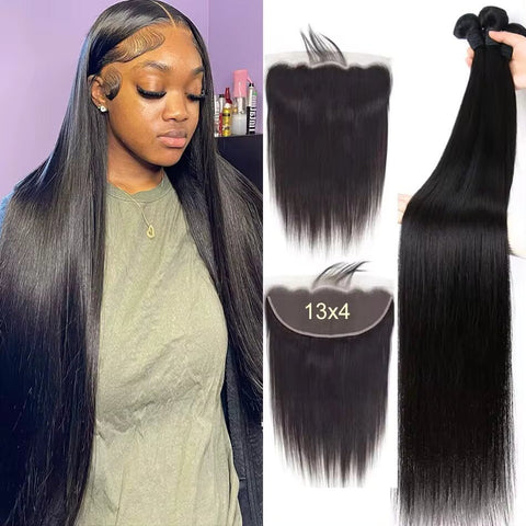 Straight Human Hair Bundles With Frontal Transparent 13x4 Lace Closure 12A Grade Hair - Lemoda Hair