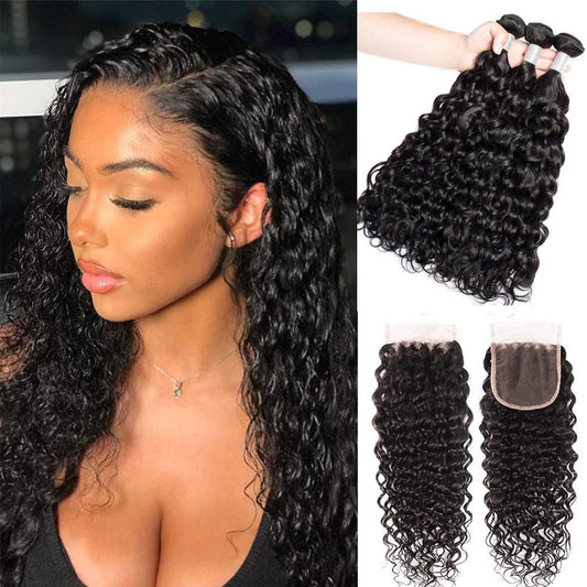 Indian Unprocessed 3 Bundles Water Wave Virgin Hair With 4x4 Lace Closure