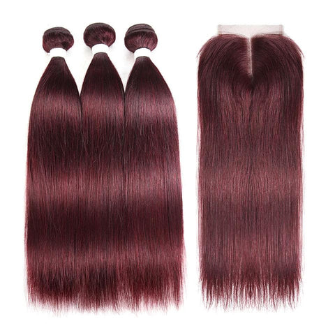 Wine Red Burgundy Straight Hair 3 Bundles With Closure 4x4 Colored 100% virgin human hair - Lemoda Hair