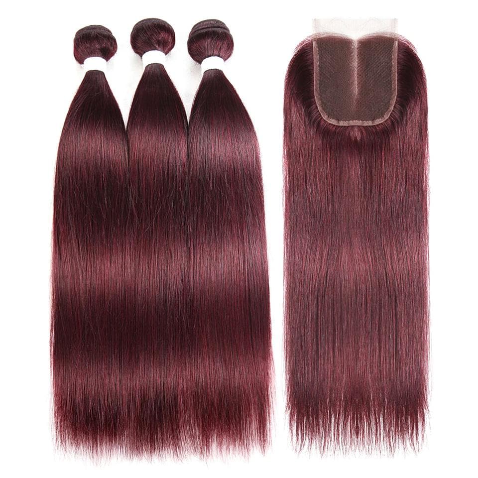 Wine Red Burgundy Straight Hair 3 Bundles With Closure 4x4 Colored 100% virgin human hair - Lemoda Hair